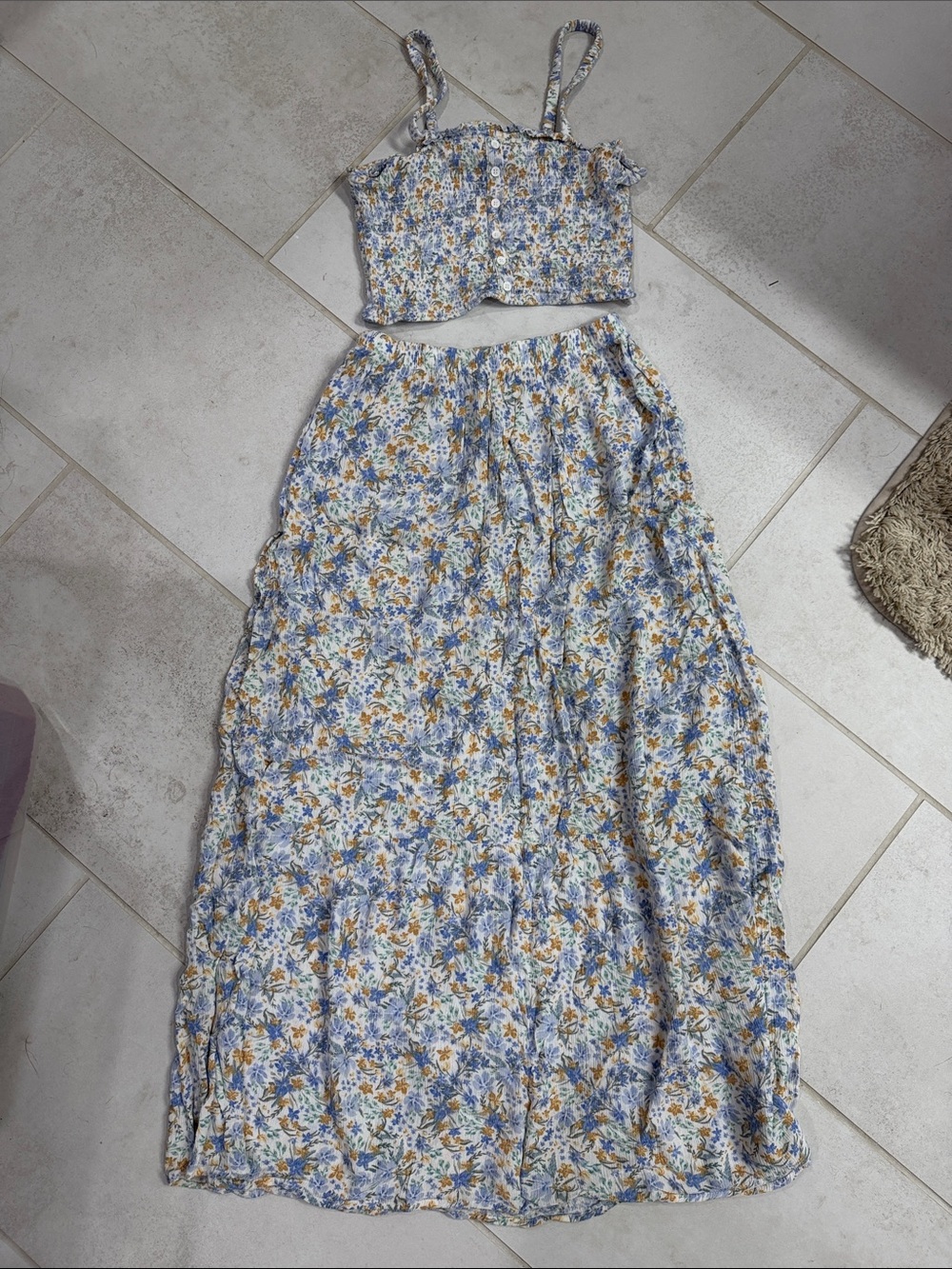 Floral Blue & Yellow Maxi Skirt Set - Women's Two-Piece